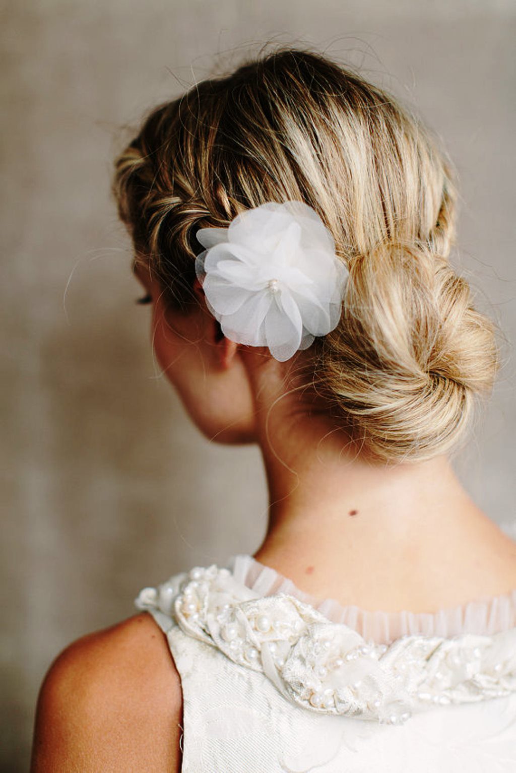 Back View Of Bridal Low Braided Bun Updo