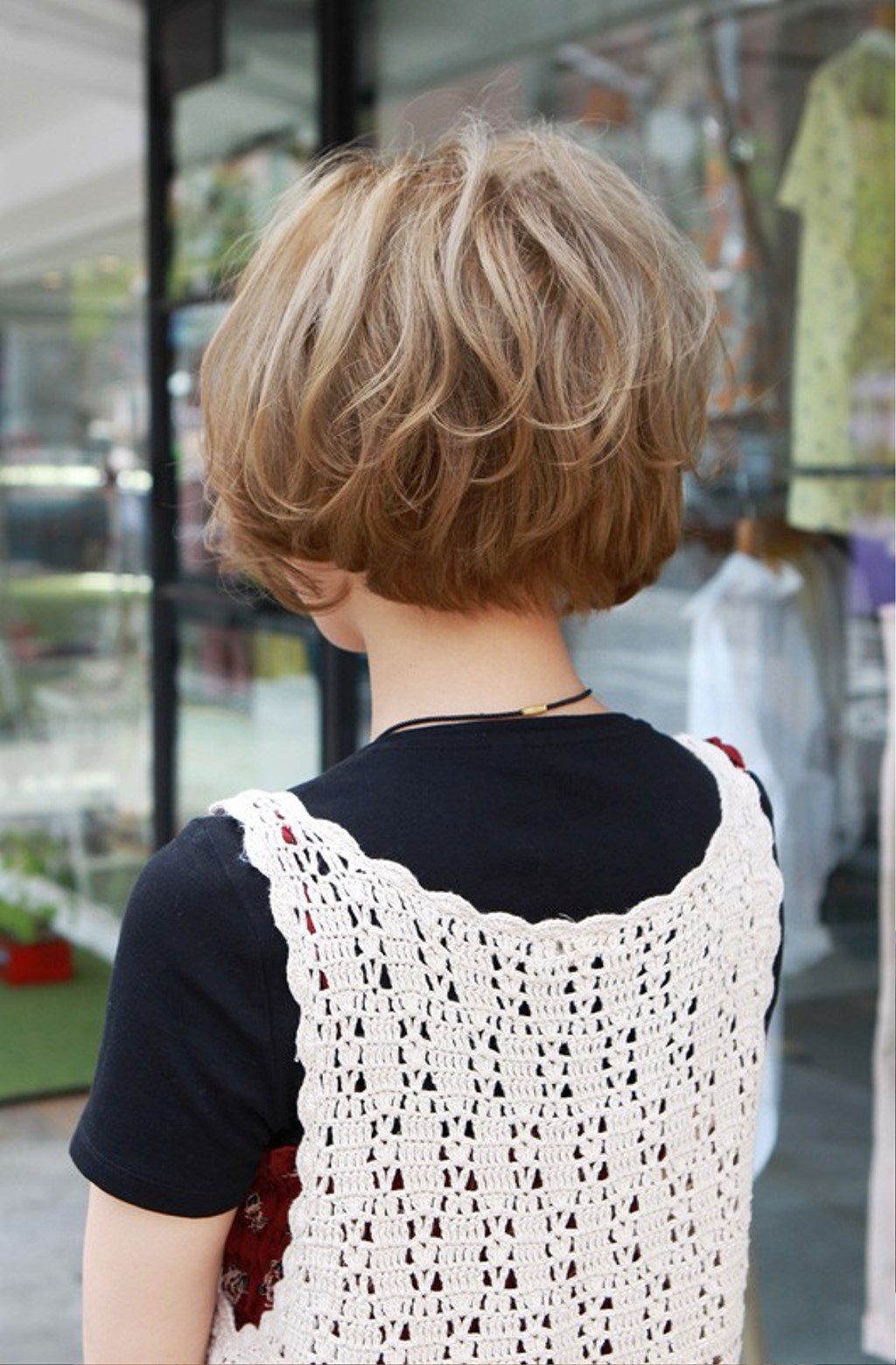 Back View Of Cute Short Japanese Bob Hairstyle With Curls