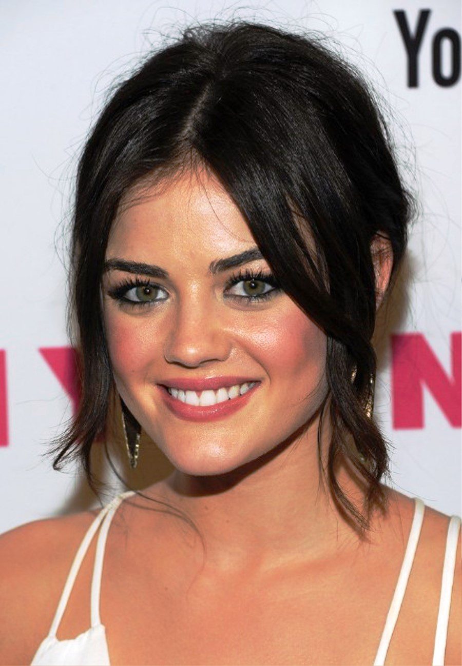 Lucy Hale Black Loose Bun Updo With Center Part Bangs