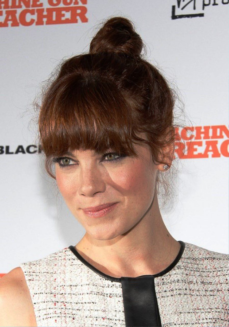 Michelle Monaghan Top Knot Hair With Blunt Bangs