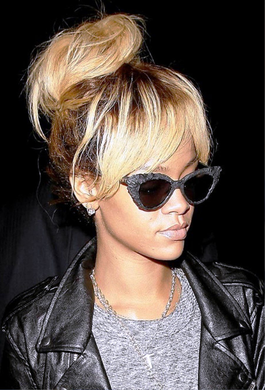 Rihanna High Bun Updo Hairstyle