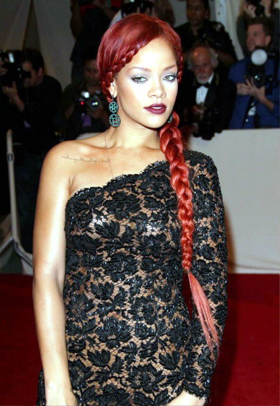 Rihanna Long Braided Red Hairstyle