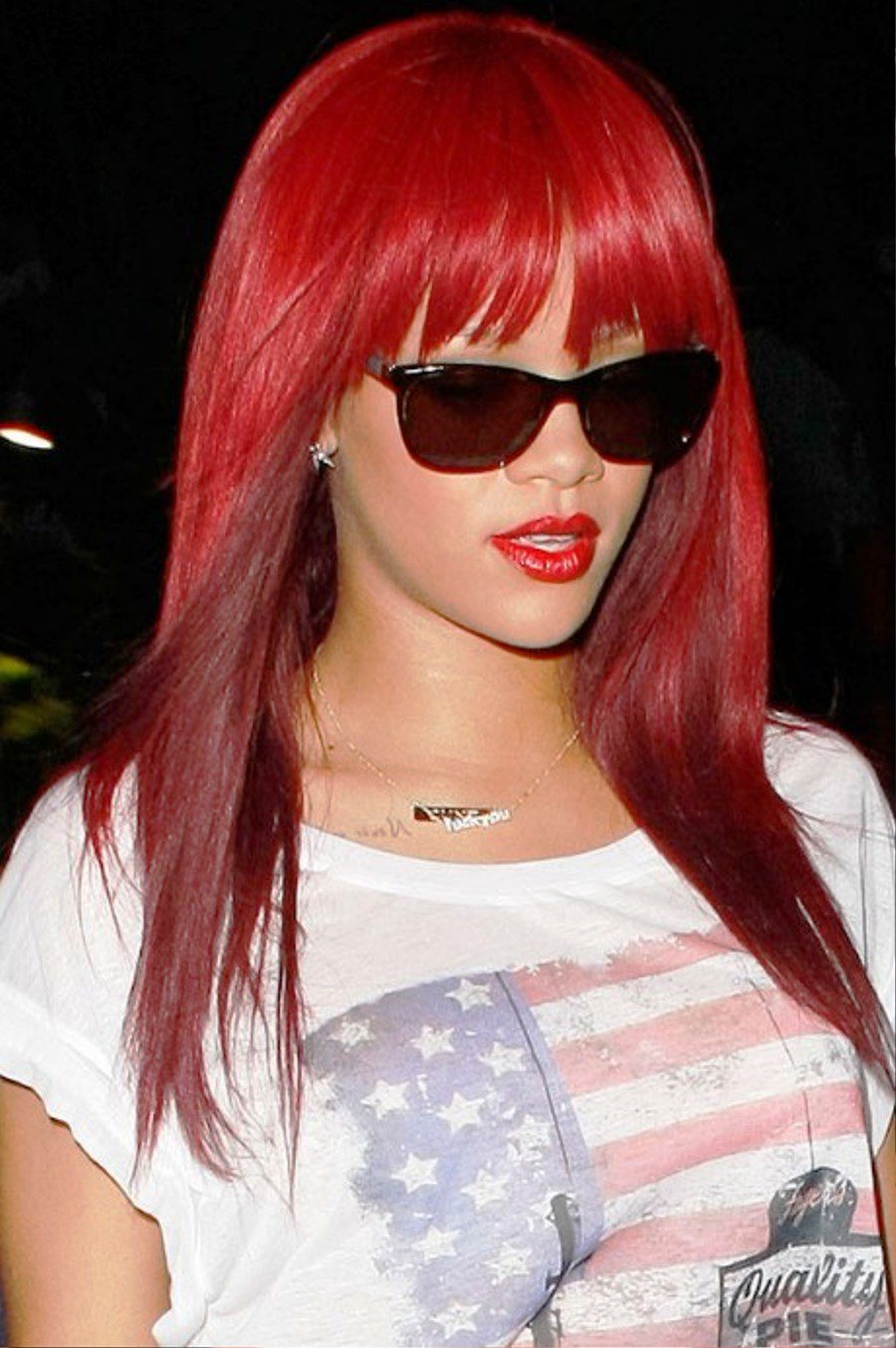 Rihanna Long Sleek Red Hairstyle With Bangs