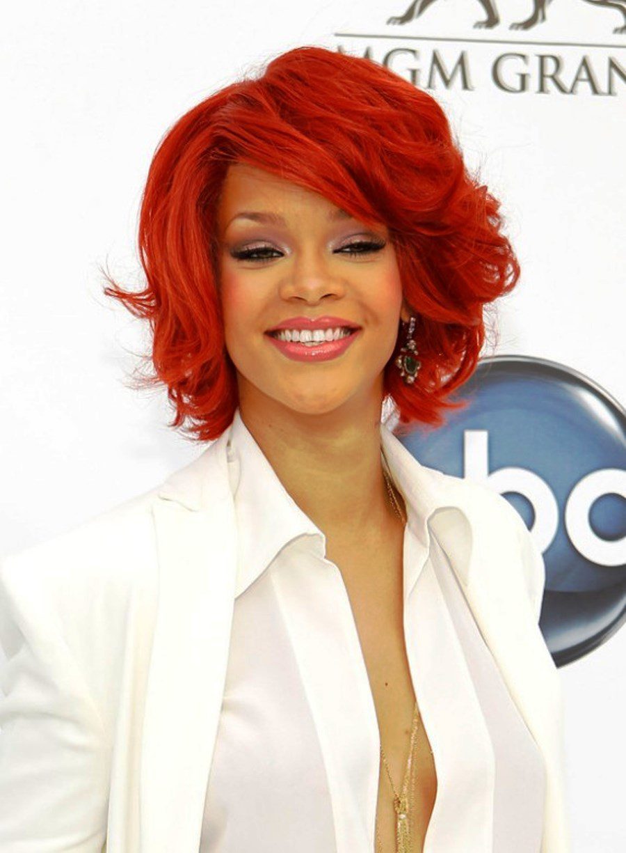 Rihanna Red Curly Bob Hairstyle