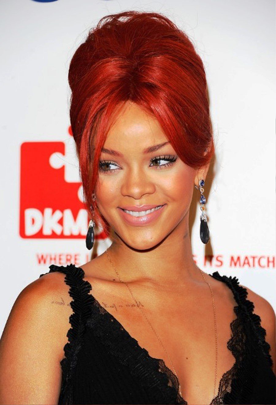 Rihanna Red French Twist Updo Hairstyle