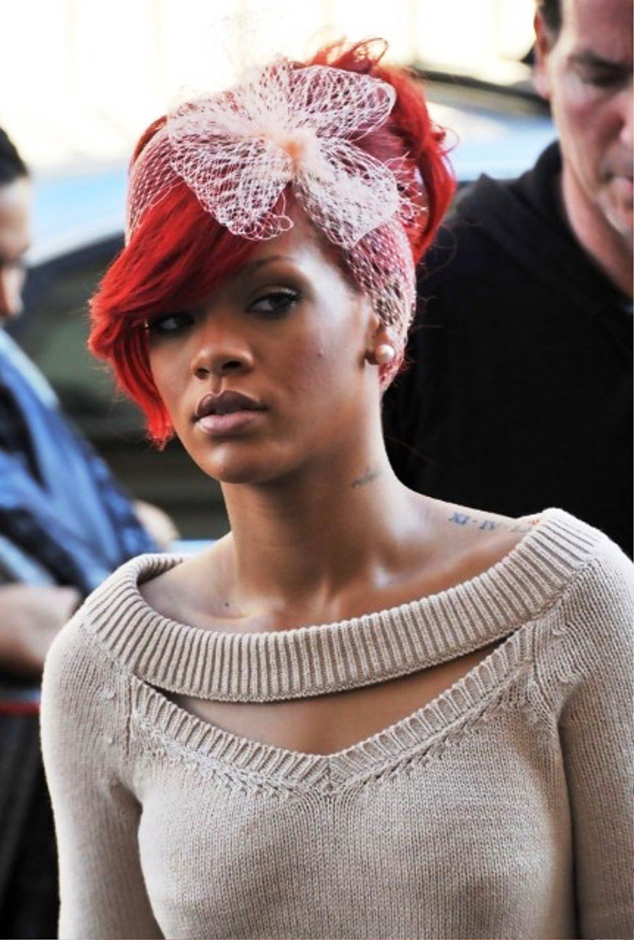 Rihanna Red Updo With Hair Bow