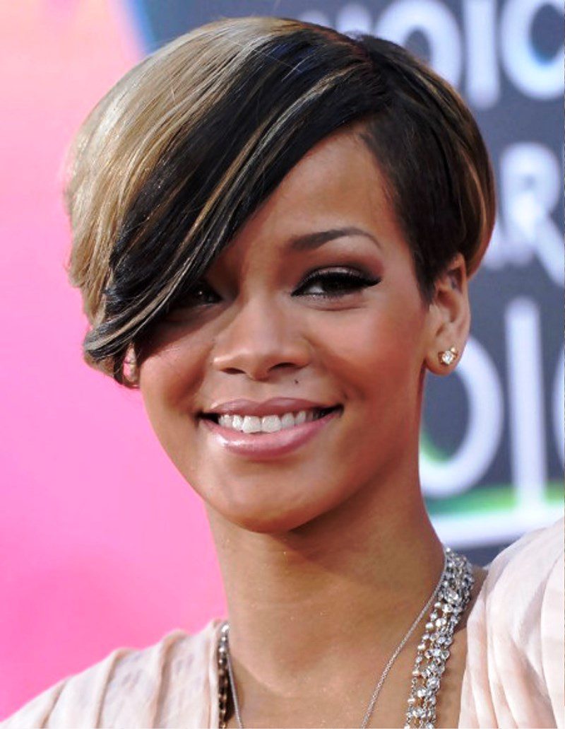 Rihanna Short Haircut With Side Swept Bangs