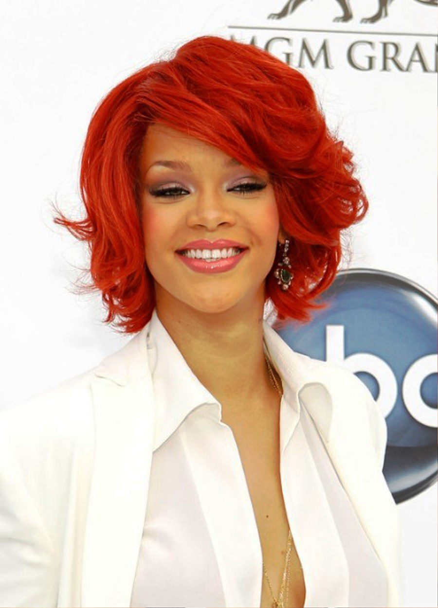 Rihanna Short Red Curly Bob Hairstyle