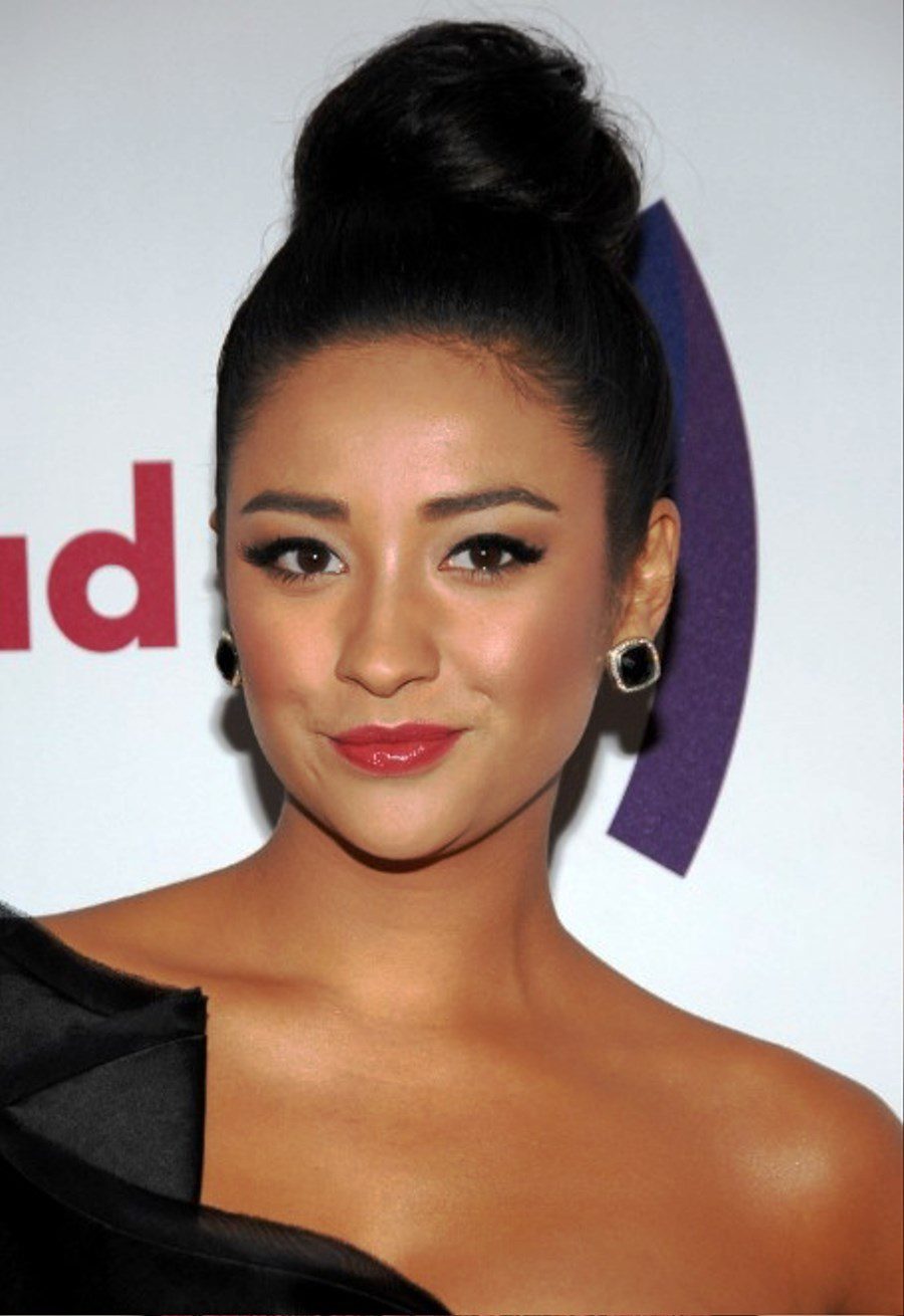 Shay Mitchell Elegant High Black Bun Updo