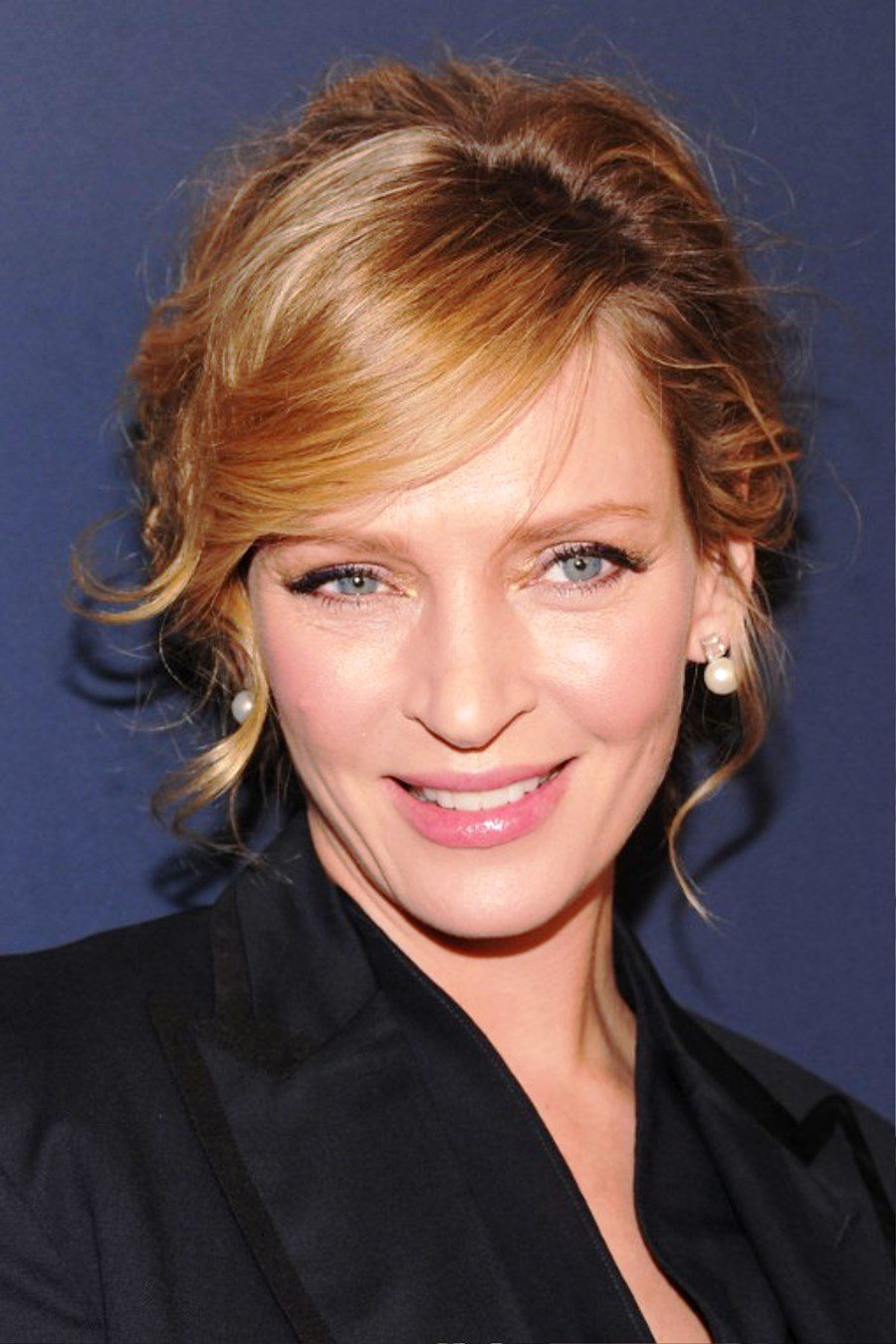 Uma Thurman Sweet Bobby Pinned Updo With Side Swept Bangs